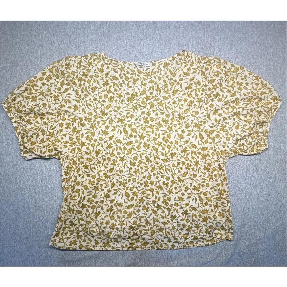 Madewell V Neck Batik Vine Mustard Tan Cotton Boho Prairie Puff Sleeve Size XL